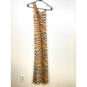 Y2K Forever 21 Dress Sz M Maxi Mesh Stretchy Tiger Sheer Festival Animal Punk